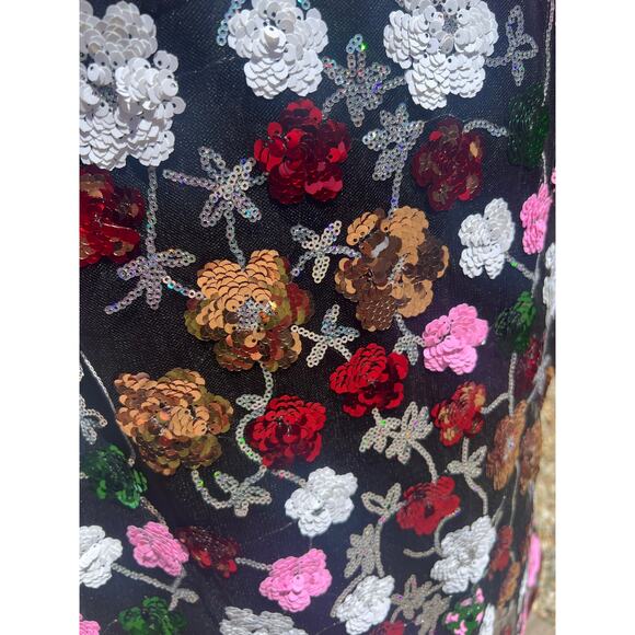 Evolutionary Multicolor Floral and Black Sequin and Mesh Side Zip Up Skirt Sz L - Picture 9 of 12